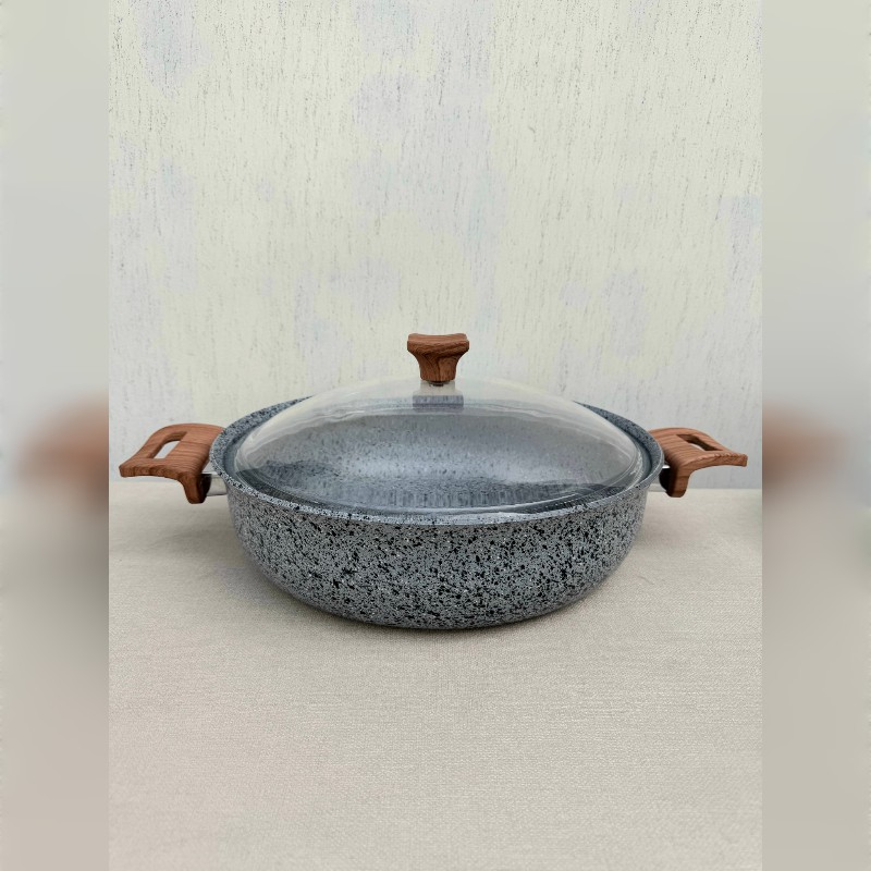 ماهیتابه چدن گرانیتی هاناتک سایز ۳۲ رنگ طوسی درب پیرکس