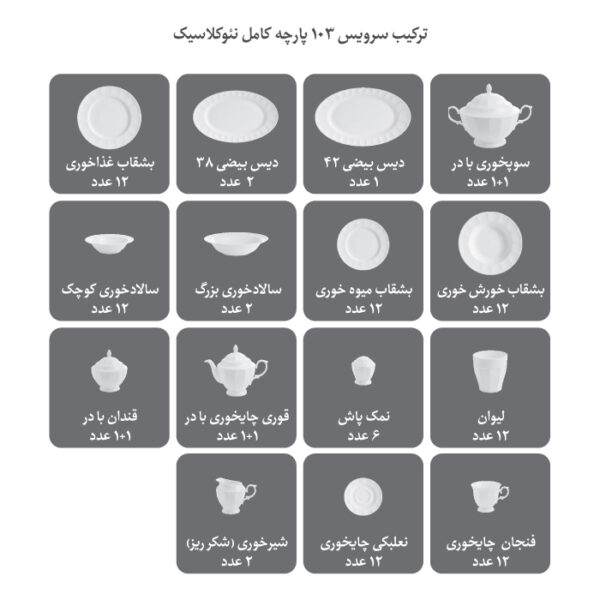 سرویس چینی 103 پارچه چینی زرین مدل نئوکلاسیک طرح نارسیس پلاتینی