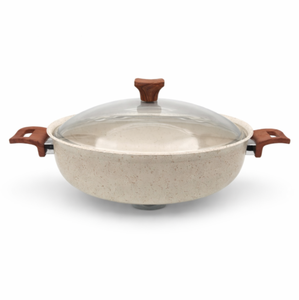 ماهیتابه چدن گرانیتی هاناتک سایز ۳۲ رنگ کرم درب پیرکس - Image 2