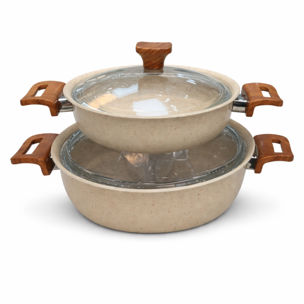 ماهیتابه چدن گرانیتی هاناتک سایز ۳۲ رنگ کرم درب پیرکس - Image 3